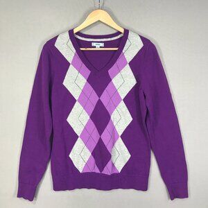Izod Sweater Women’s Large Purple Argyle Knit Pullover V-Neck Long Sleeve Preppy